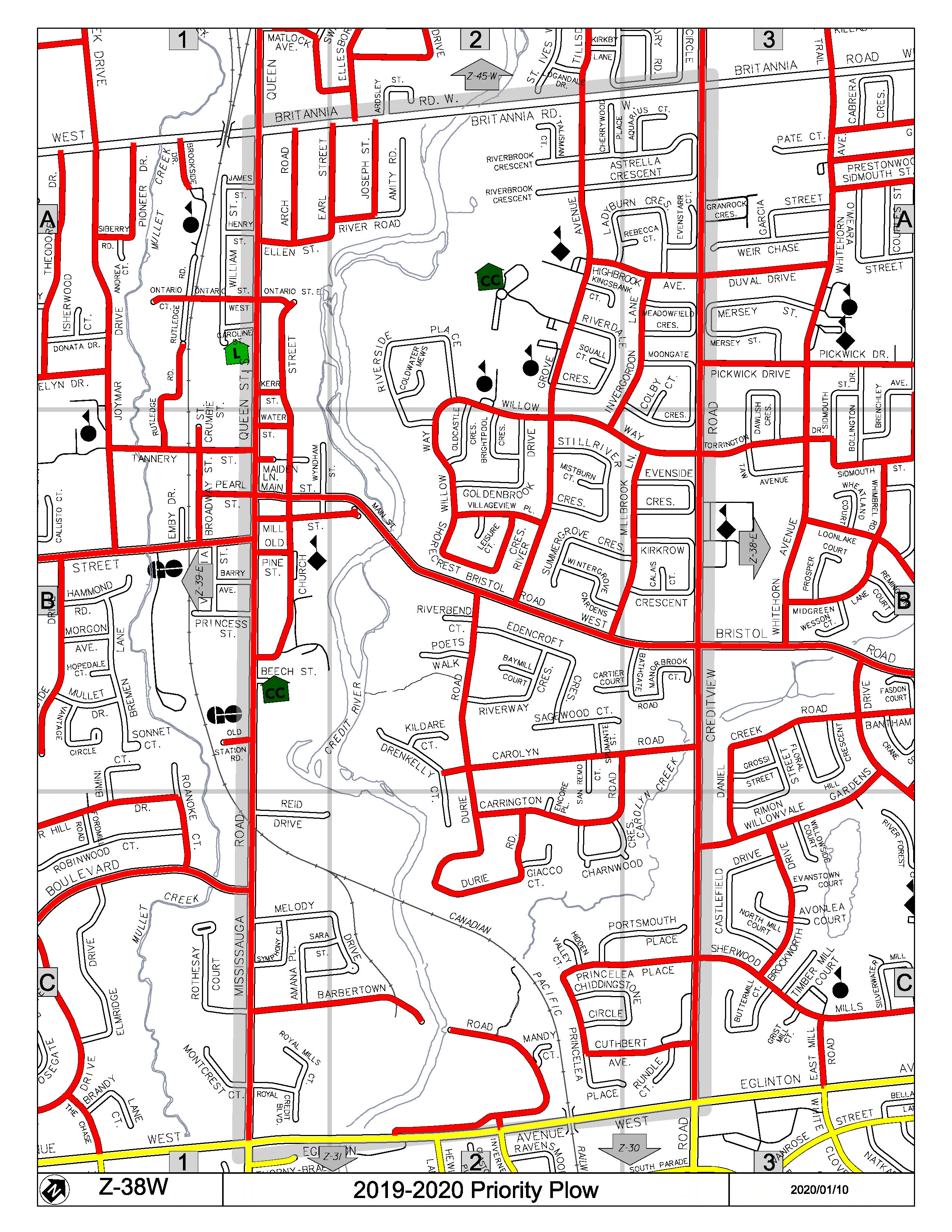 Map Z-38w of the Priority Road System for Snow Plowing