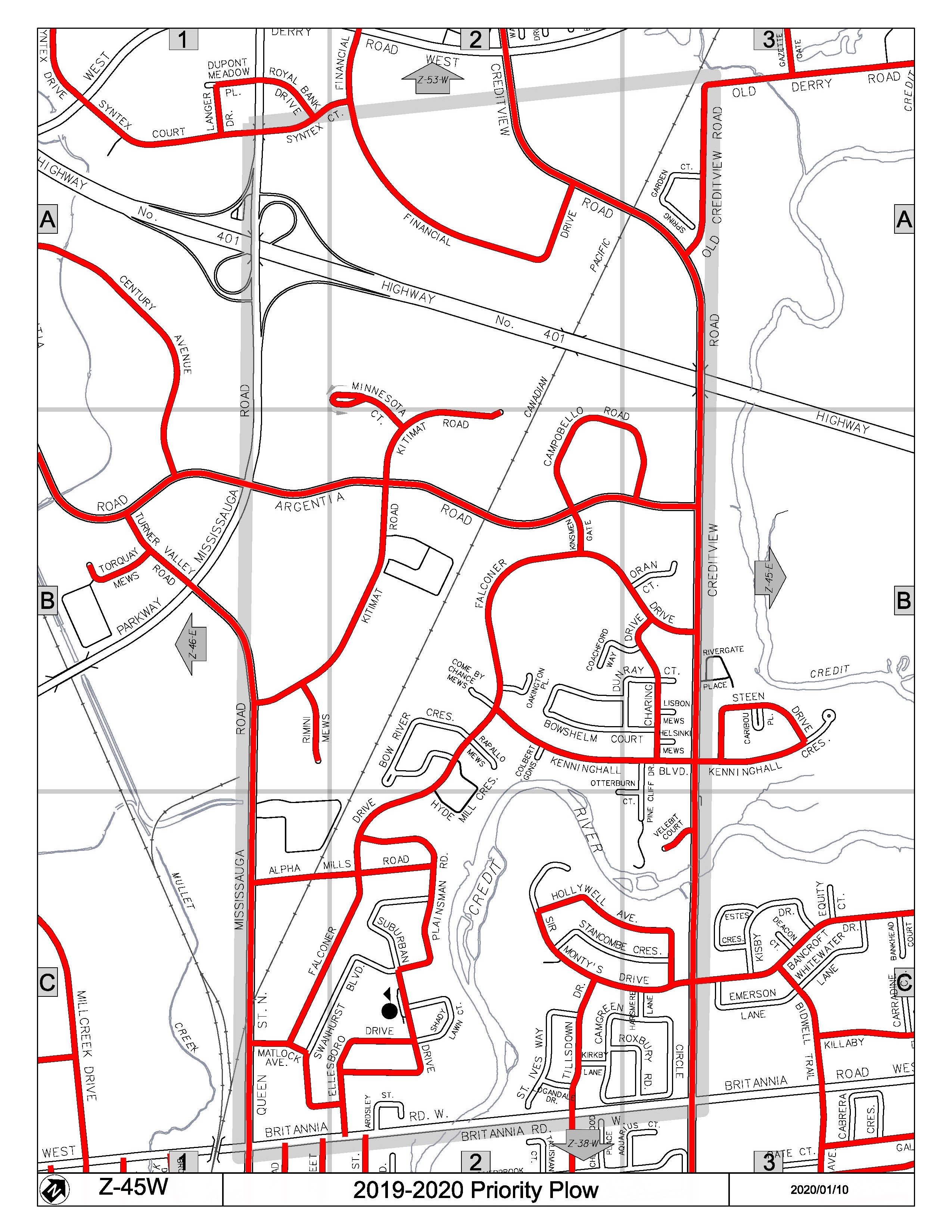 Map Z-45w of the Priority Road System for Snow Plowing