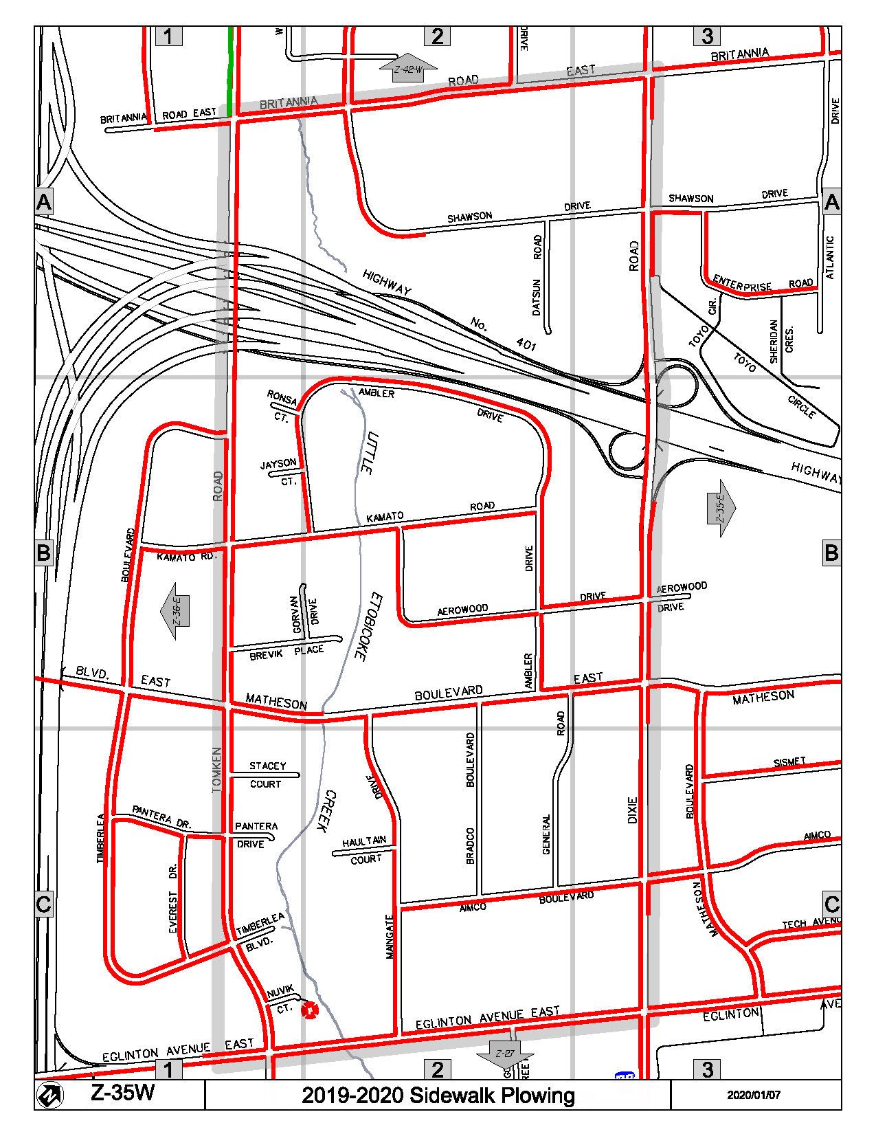 Map Z-35w of the Priority Sidewalk System for Snow Plowing