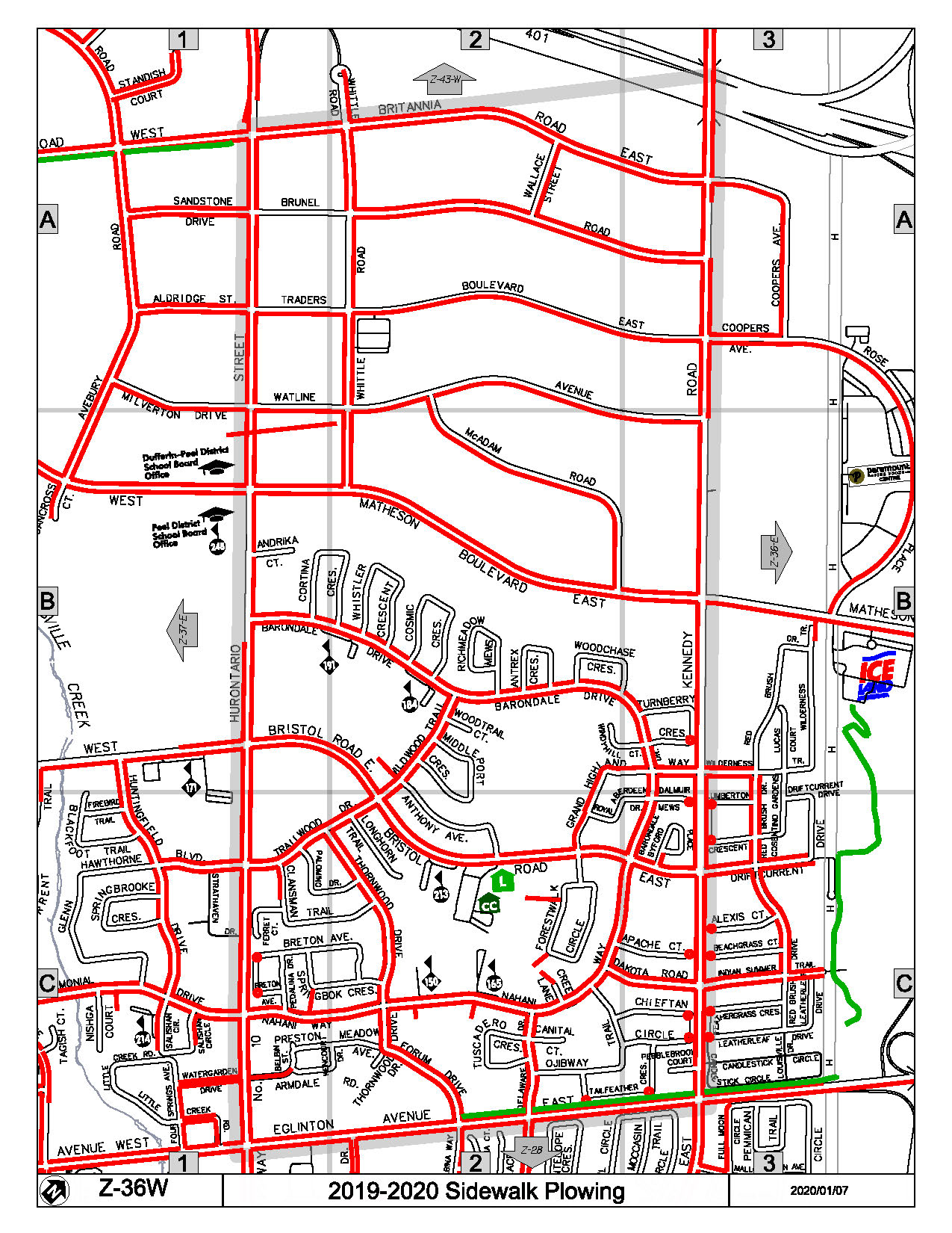 Map Z-36w of the Priority Sidewalk System for Snow Plowing