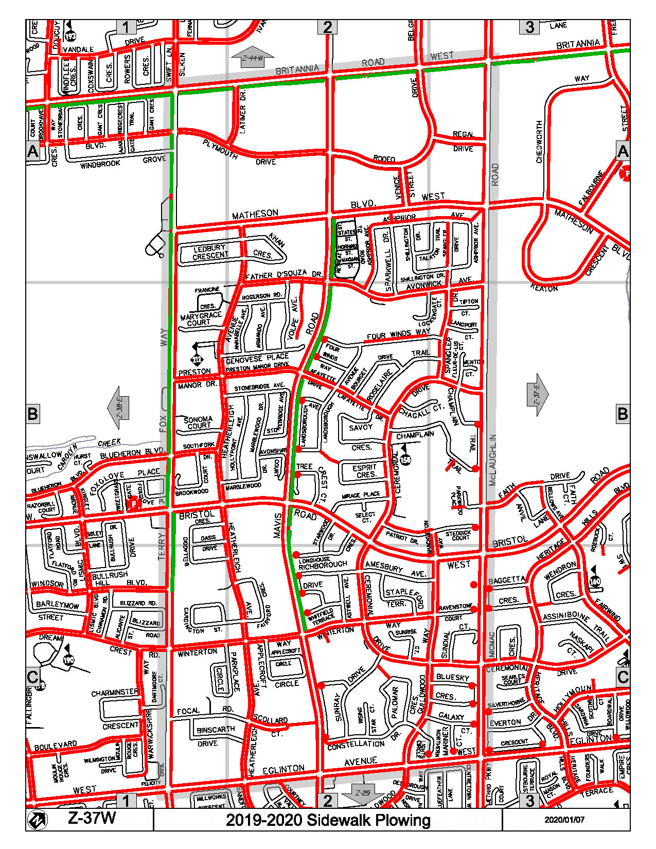 Map Z-37w of the Priority Sidewalk System for Snow Plowing